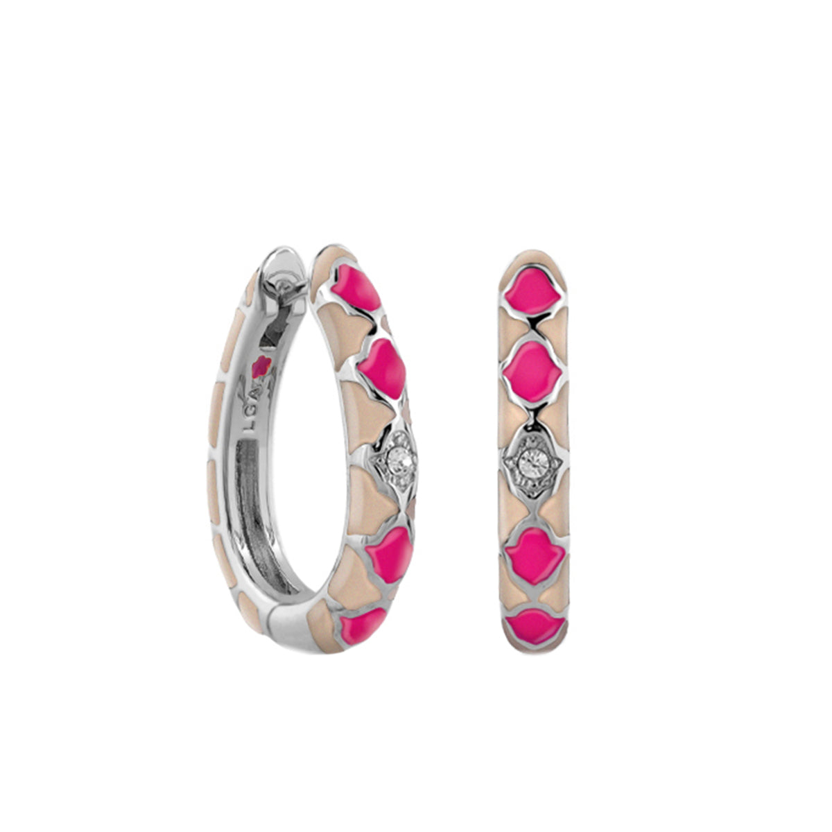 Stackable Fiesta earrings by Lauren G Adams, pink enamel quatrefoil on silver-tone hoop on Tampa Home & Garden Store