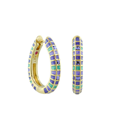 Lauren G Adams Fiesta Mosaic Crystal Hoop earrings, gold hoops with purple teal mosaic on Tampa Home & Garden Store