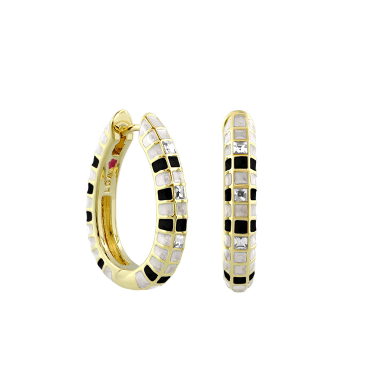Stackable Fiesta Earrings Mosaic Crystal Hoop, gold-tone with black white gray mosaic tiles on Tampa Home & Garden Store