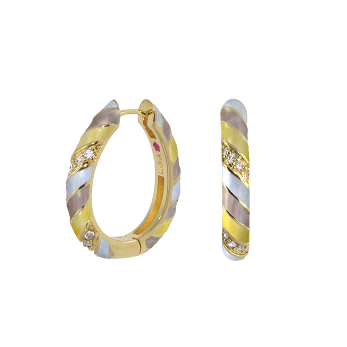 Pair of enamel stripe pavé hoop earrings by Lauren G Adams in gold-tone with pastel stripes on Tampa Home & Garden Store