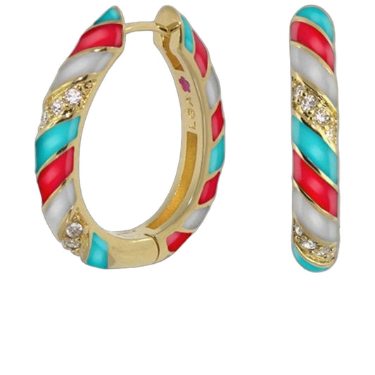 Stackable Fiesta Earrings enamel stripe pavé hoop pair in turquoise red white gold diamonds on Tampa Home & Garden Store
