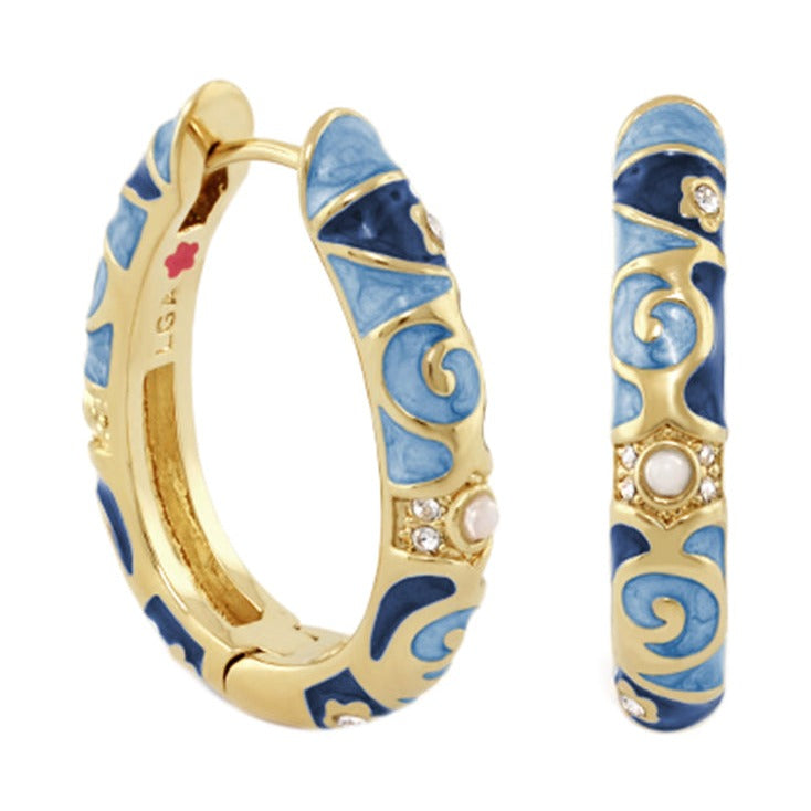 Stackable Fiesta Earrings pair by Lauren G Adams, gold-tone with blue enamel swirls on Tampa Home & Garden Store