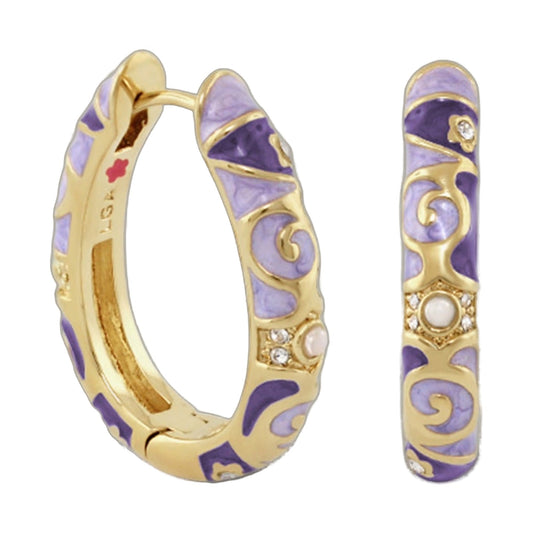Stackable Fiesta Earrings by Lauren G Adams, gold-tone hoops with purple enamel and crystals on Tampa Home & Garden Store