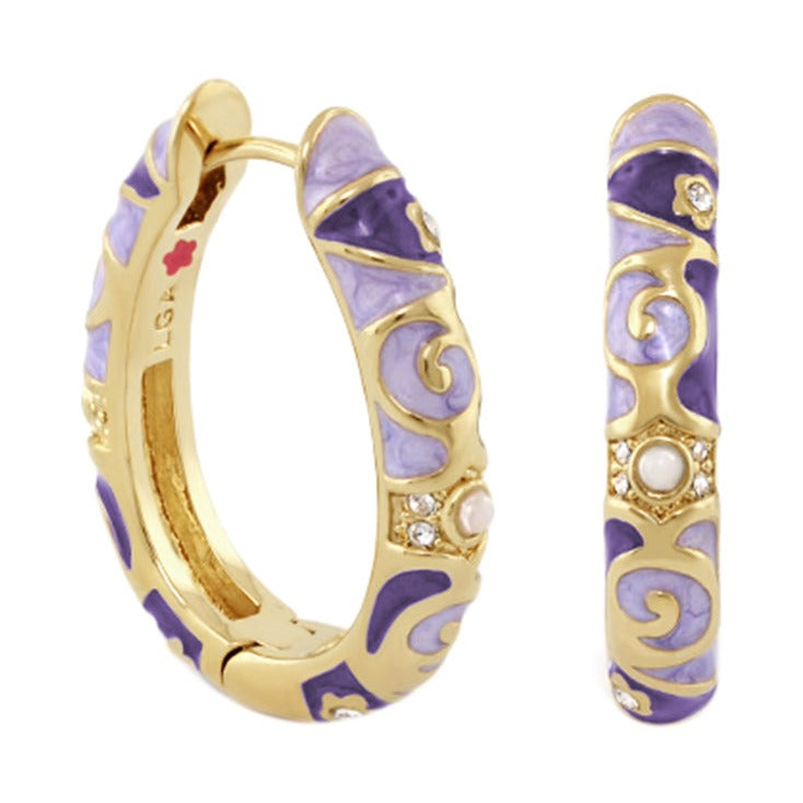 Stackable Fiesta Earrings by Lauren G Adams; purple enamel with gold-tone scrollwork, pair on Tampa Home & Garden Store