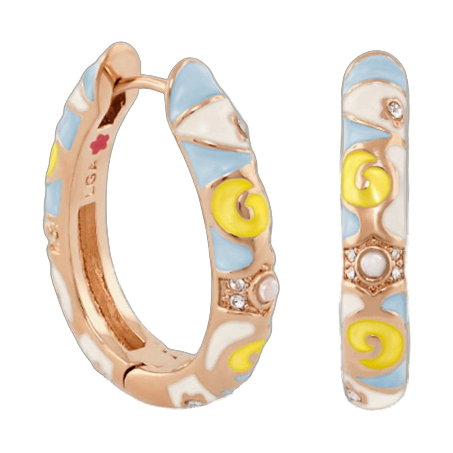 Stackable Fiesta Earrings by Lauren G Adams — rose-gold tone hoops in pastel blue and cream enamel with yellow accents and crystal details (set of 3) on Tampa Home & Garden Store