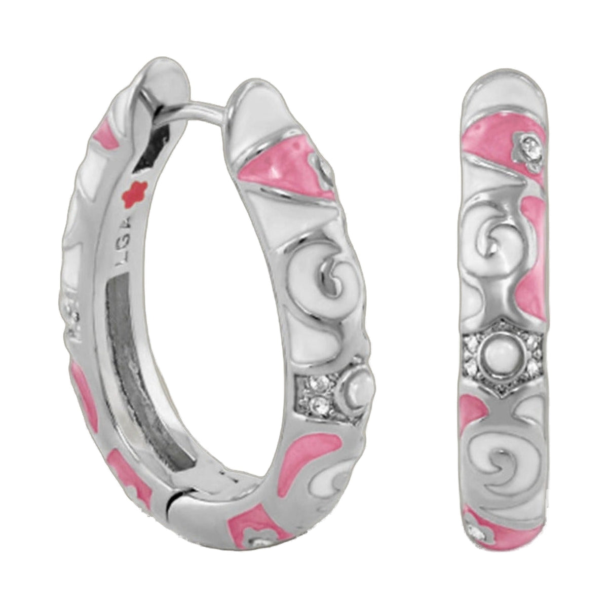 Stackable Fiesta Earrings by Lauren G Adams; silver-tone hoops with pink enamel patches on Tampa Home & Garden Store