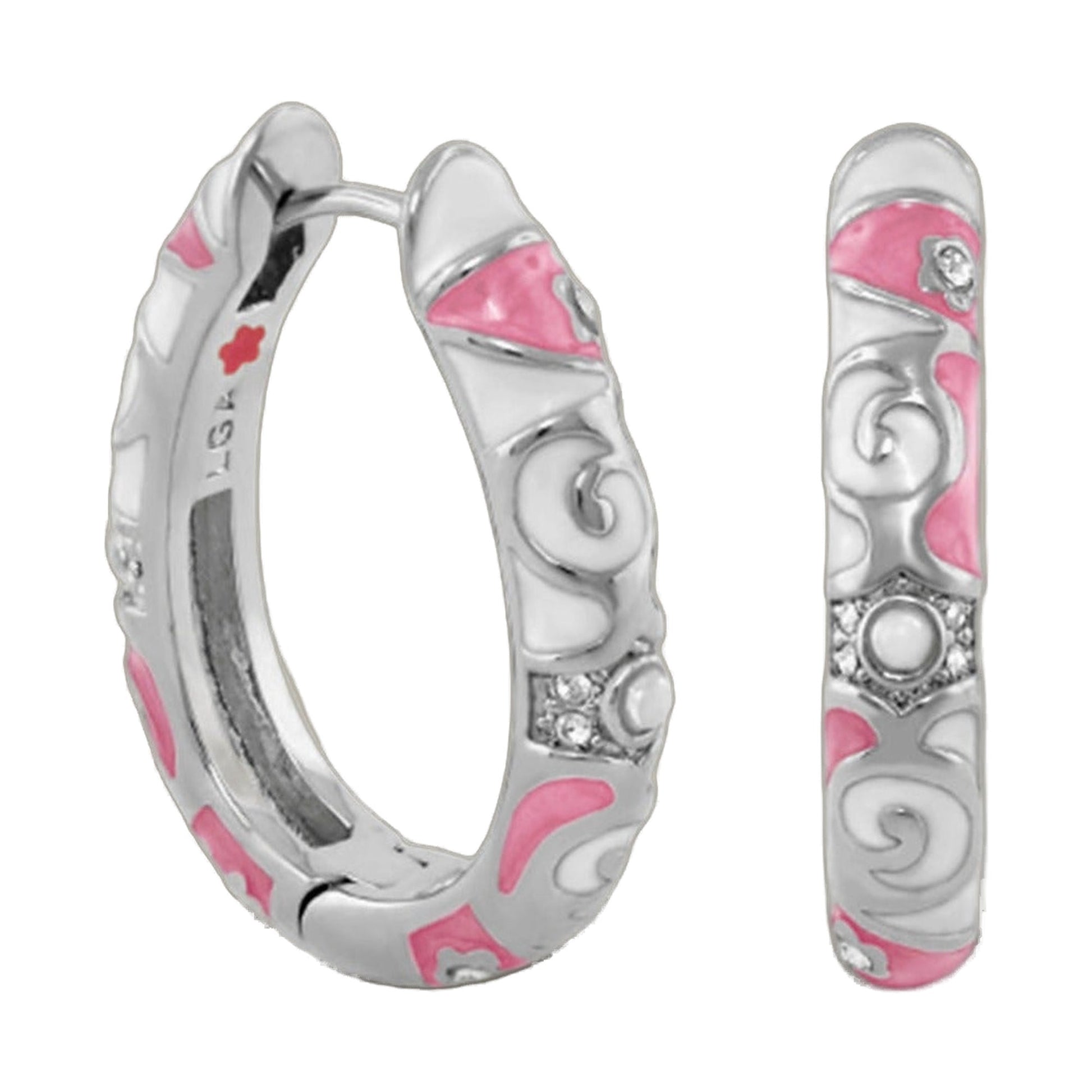 Stackable Fiesta Earrings by Lauren G Adams; silver-tone hoops with pink enamel patches on Tampa Home & Garden Store