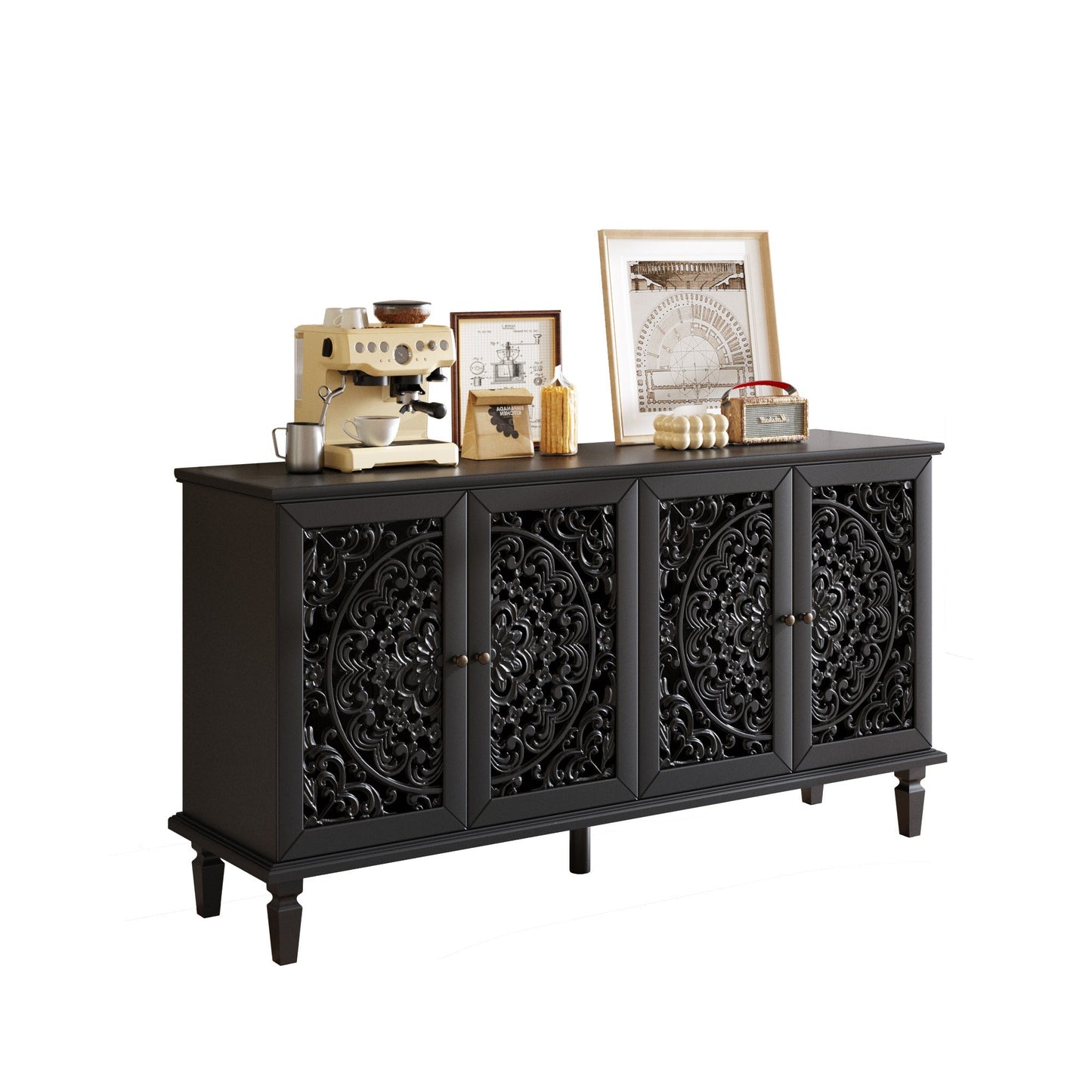 60-inch antique buffet cabinet with floral carvings, black finish, HouseOfZazla furniture on Tampa Home & Garden Store