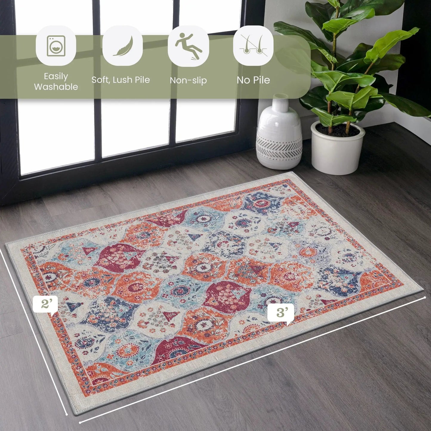 Maval washable area rug with orange teal blue medallion pattern in a modern room on Tampa Home & Garden Store