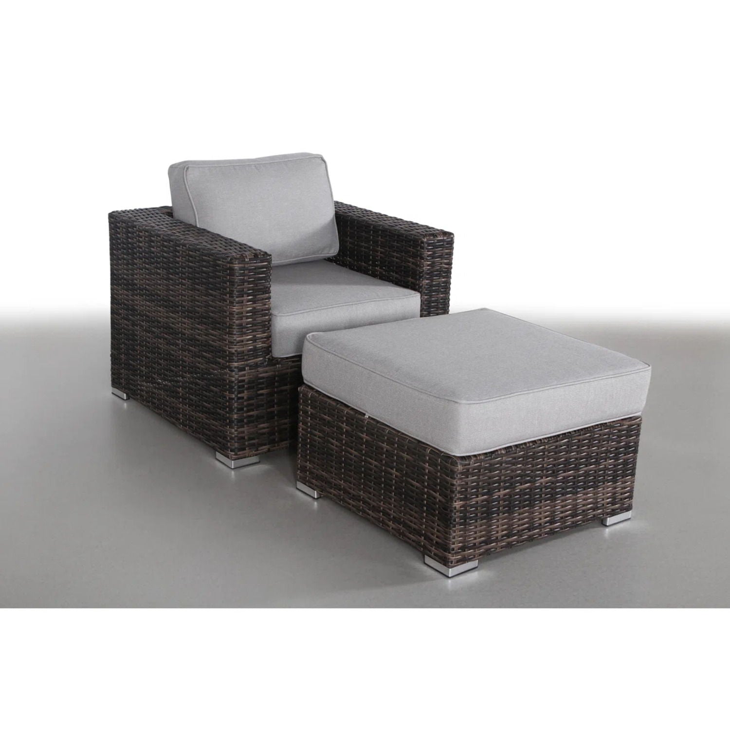 2-piece outdoor chair set HouseOfZazla with foam cushions; brown wicker and gray cushions on Tampa Home & Garden Store