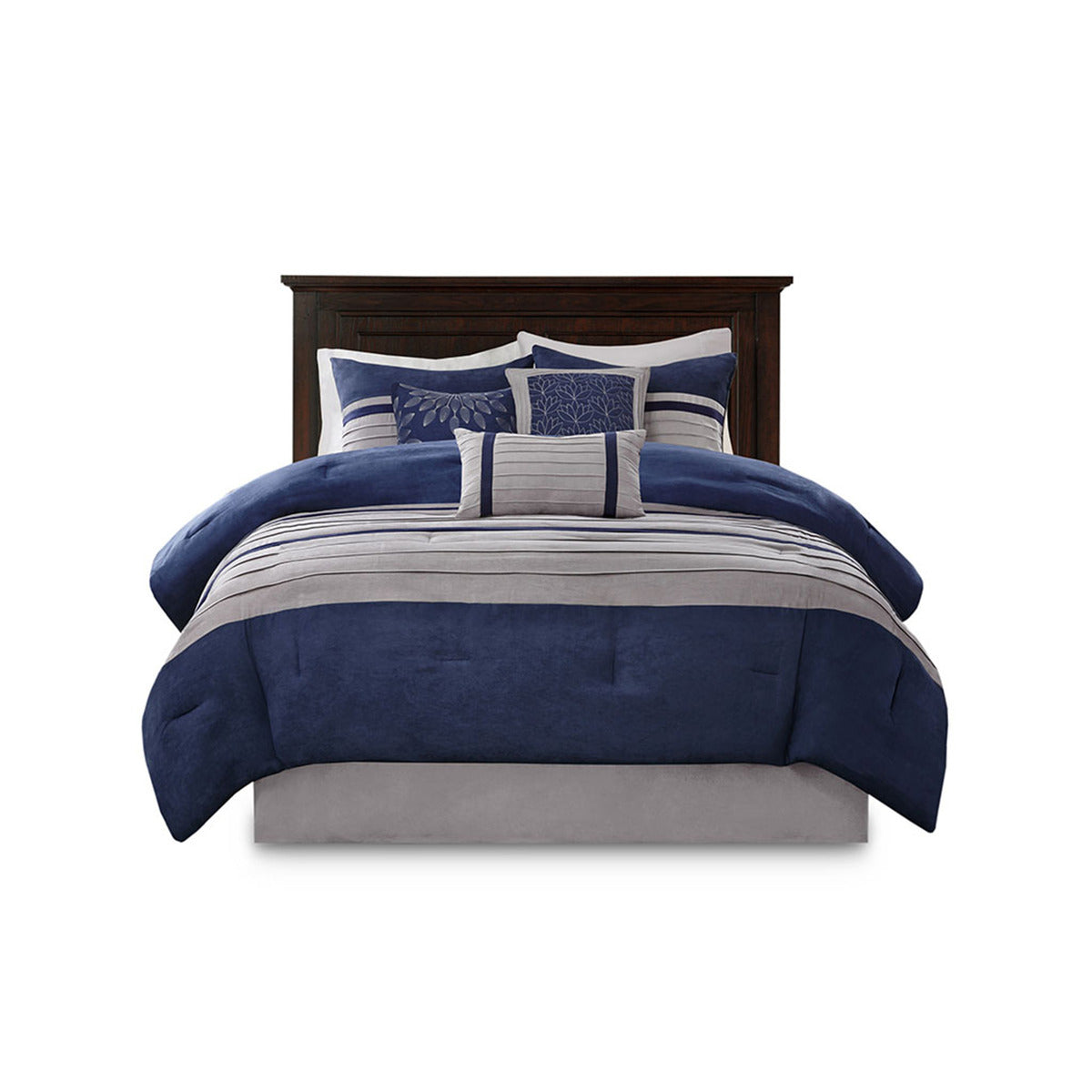 7 pc pieced faux suede comforter set in navy blue and beige with striped accents HouseOfZazla on Tampa Home & Garden Store