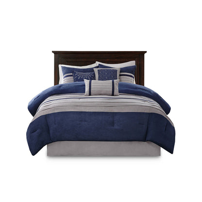 7 pc pieced faux suede comforter set in navy blue and beige with striped accents HouseOfZazla on Tampa Home & Garden Store