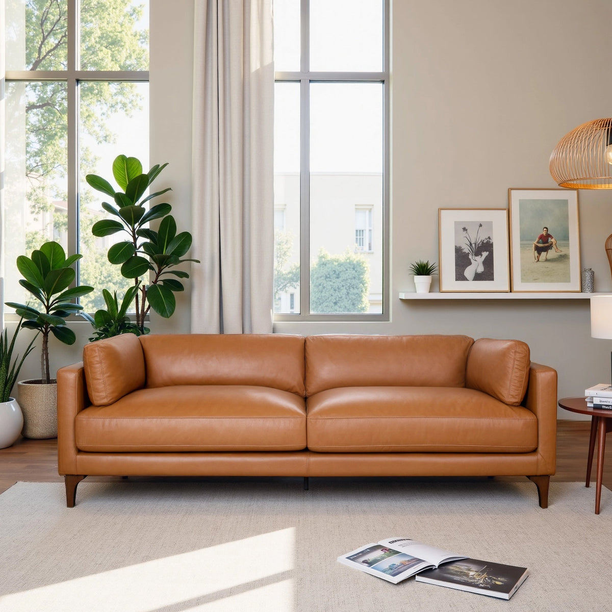Bellrose Mid Century Modern Genuine Leather Sofa