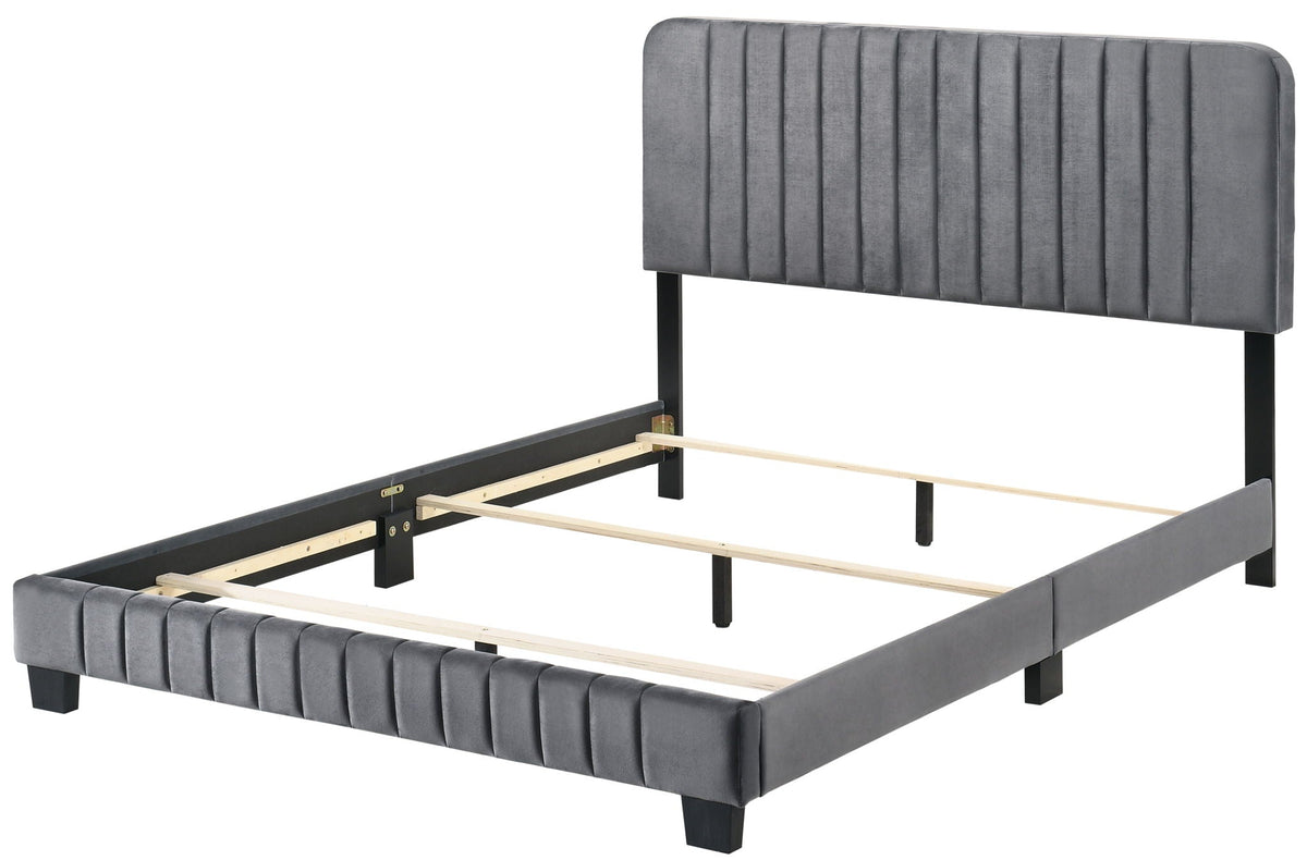 Channel Tufted Bed gray velvet upholstery with black metal frame by HouseOfZazla on Tampa Home & Garden Store