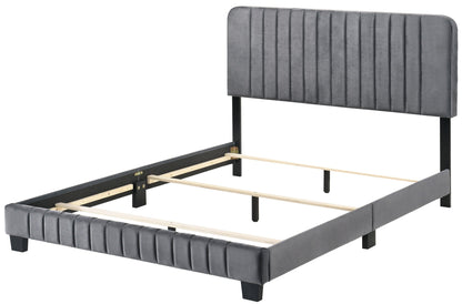 Channel Tufted Bed gray velvet upholstery with black metal frame by HouseOfZazla on Tampa Home & Garden Store