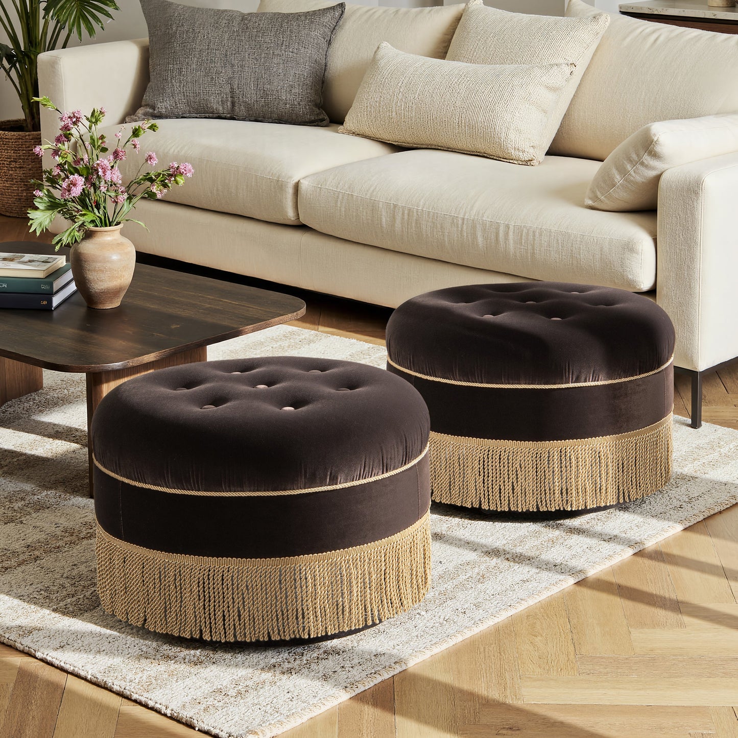 Yolanda 24in Round Upholstered Accent Ottoman pair in Deep Brown Velvet with woven fringe bases on Tampa Home & Garden Store