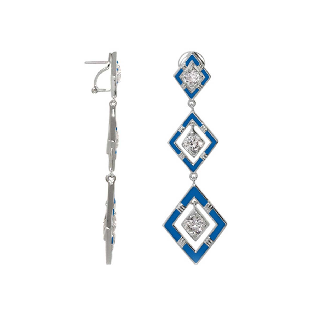 Eye for An Eye earrings by Lauren G Adams, three blue enamel diamond-frame drop earrings on Tampa Home & Garden Store