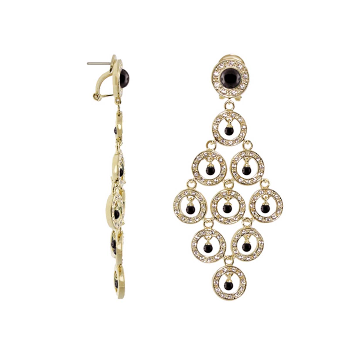 Chandelier earrings by Lauren G Adams, goldtone tiered circular pavé rings with black beads on Tampa Home & Garden Store