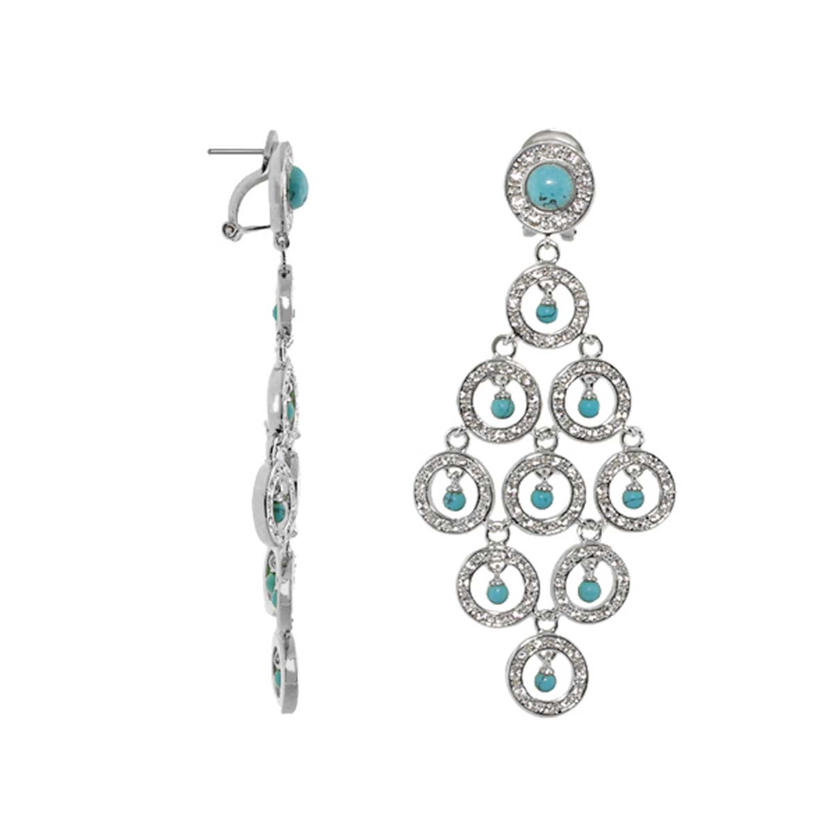 Chandelier earrings by Lauren G Adams, silver-tone with pavé circular halos and turquoise beads on Tampa Home & Garden Store