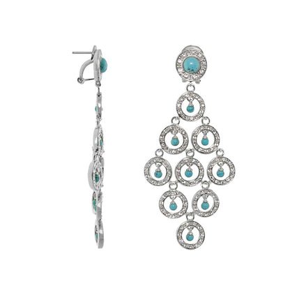 Chandelier earrings by Lauren G Adams, silver-tone with pavé circular halos and turquoise beads on Tampa Home & Garden Store
