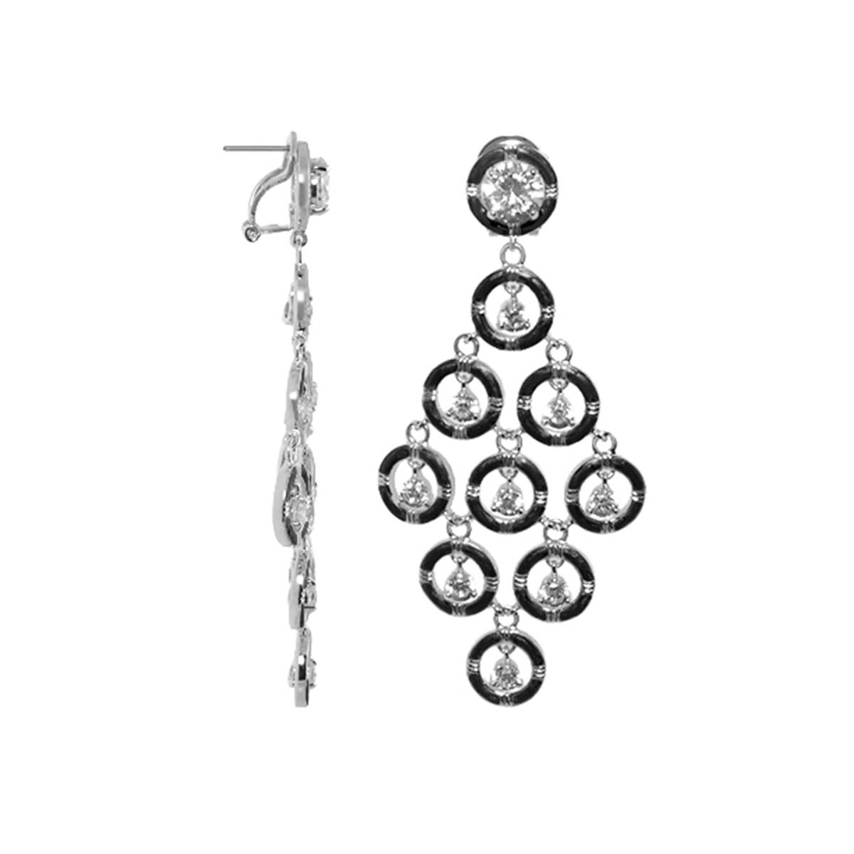 Eye for An Eye Earrings, silver-tone chandelier hoops with black circular links and crystals on Tampa Home & Garden Store
