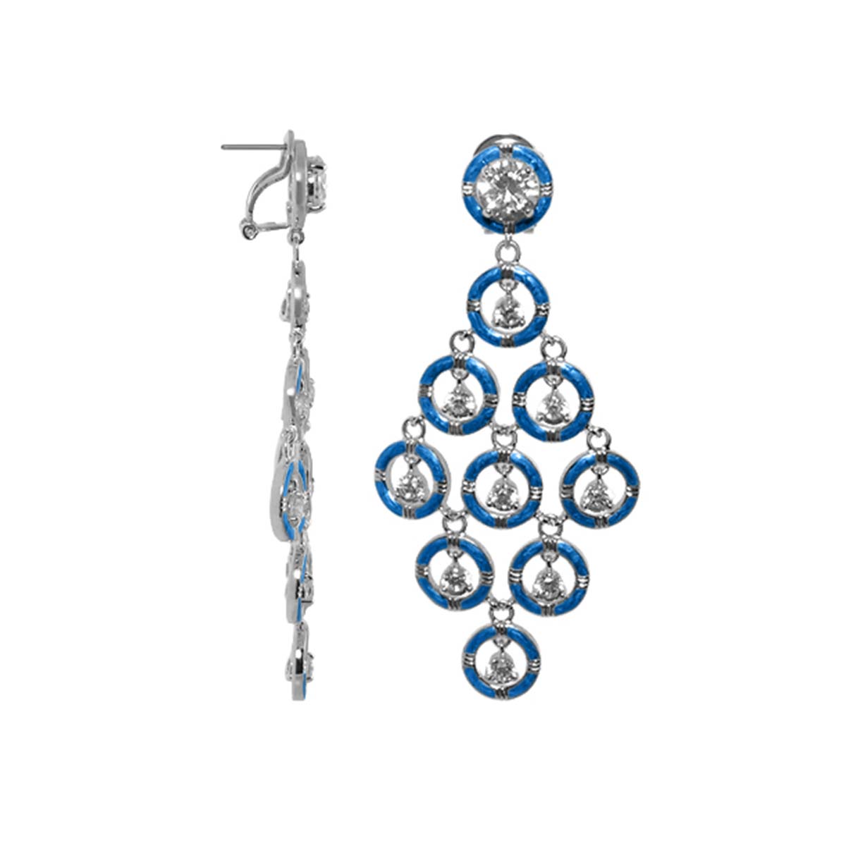 Eye for An Eye earrings, pair, blue enamel circular link chandelier with crystals, Lauren G Adams on Tampa Home & Garden Store