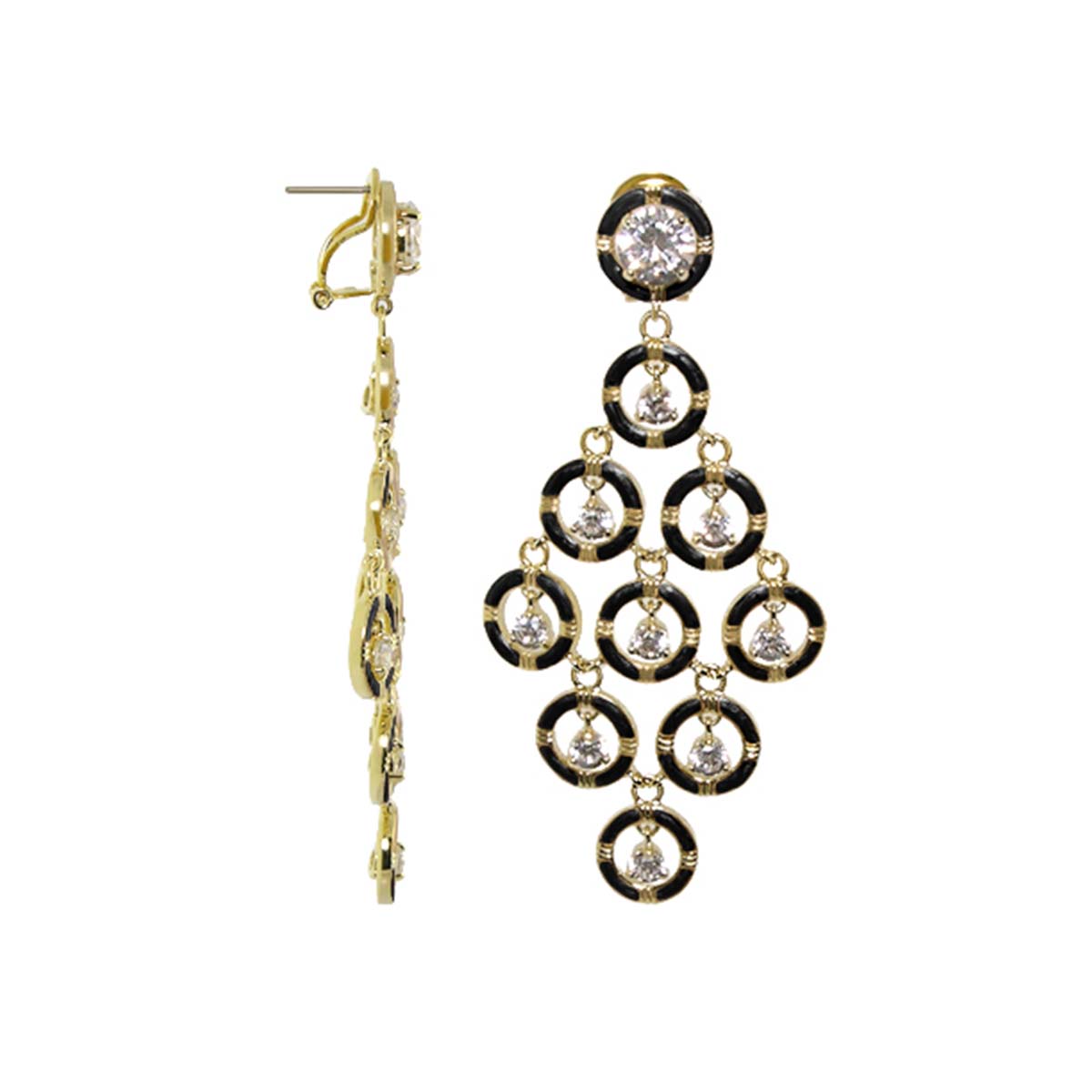 Eye for An Eye earrings, gold-tone chandelier hoops with black enamel rings and crystals on Tampa Home & Garden Store