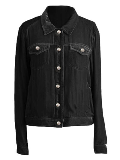 Casual Button-Up Long Sleeve Trucker Jacket by Stevvex in black denim with chest pockets on Tampa Home & Garden Store