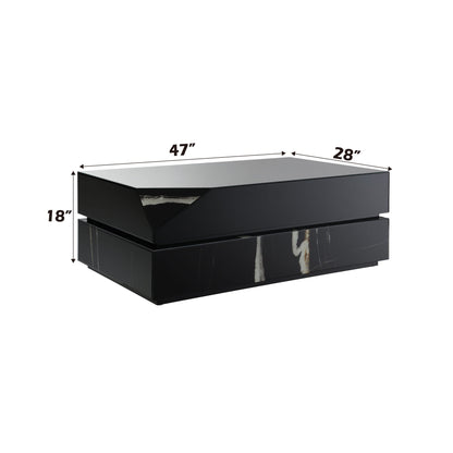 Mirrored black coffee table with tempered glass top and geometric panels, 47 in L x 28 in W x 18 in H on Tampa Home & Garden Store