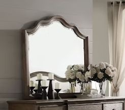 Weathered Mirror with Beveled Edge - Oak, arched top, by HouseOfZazla on a dresser with black candles on Tampa Home & Garden Store
