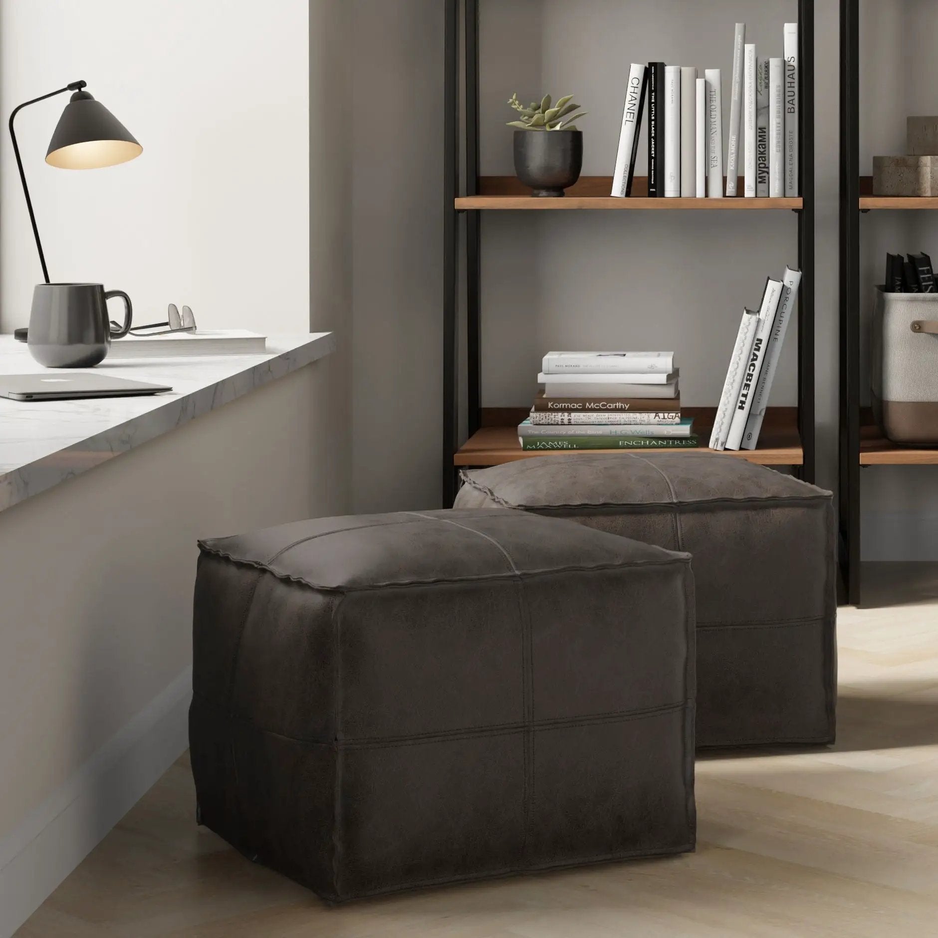 Sheffield square pouf distressed dark brown leather, pair of accent poufs by Unique Piece Furniture beside a bookshelf on Tampa Home & Garden Store