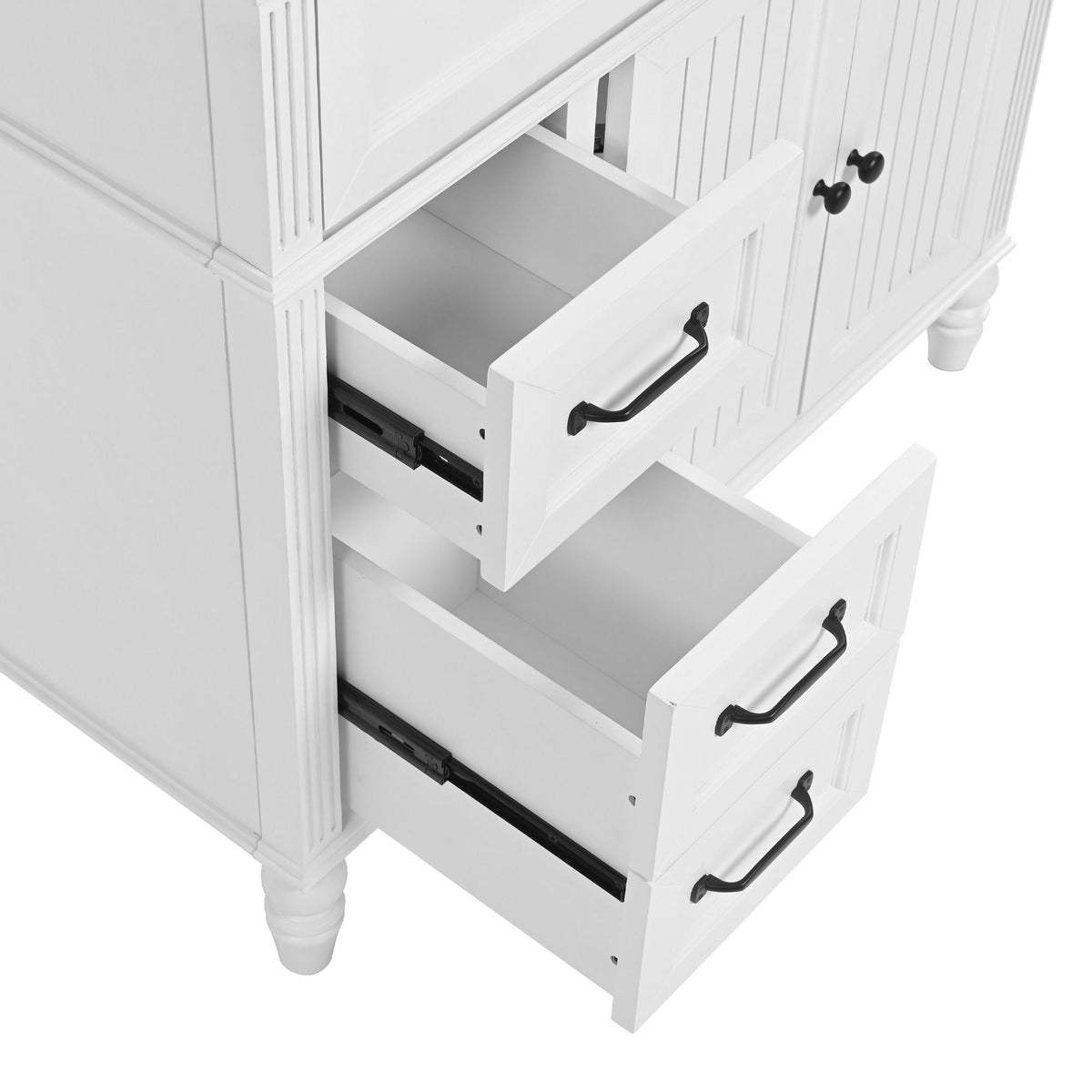 Bathroom vanity with sink and drawers, white solid wood with beadboard panels and black handles on Tampa Home & Garden Store