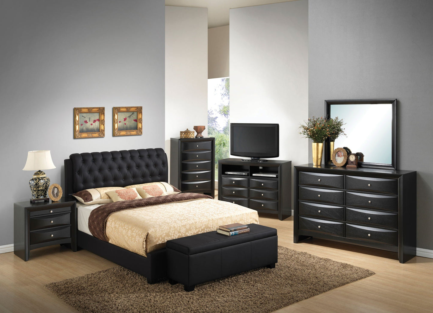 Tufted Upholstered Bed in black with beige bedding; includes two nightstands HouseOfZazla on Tampa Home & Garden Store