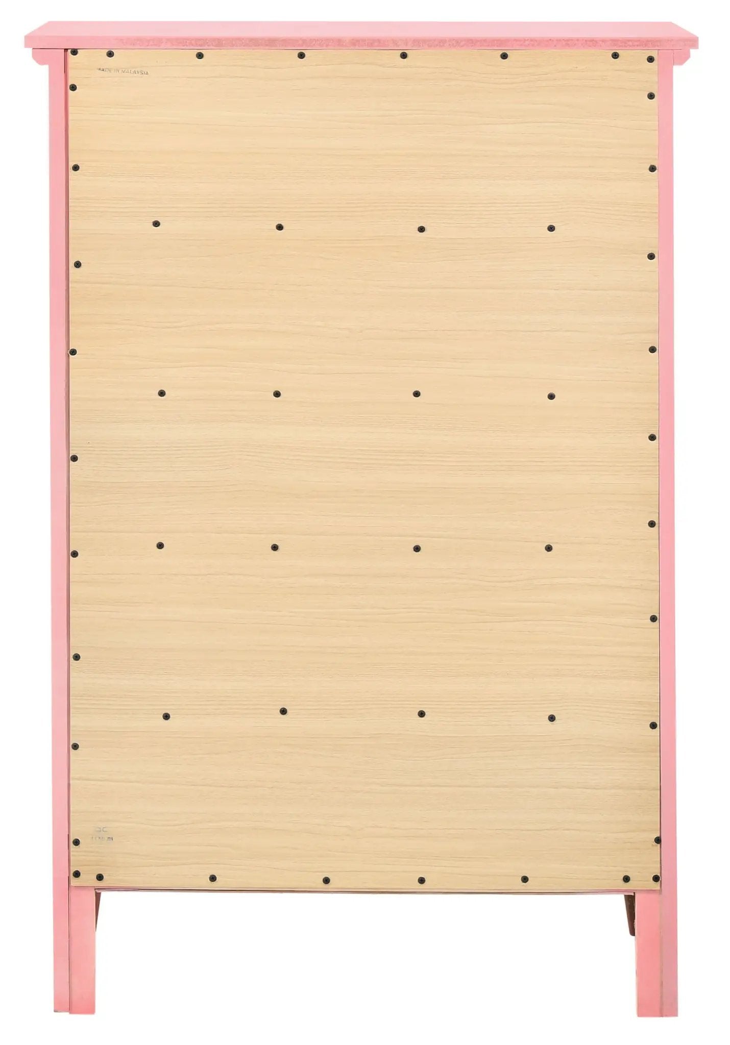 Hammond Accent Chest pink frame with natural wood back panel and screw details on Tampa Home & Garden Store