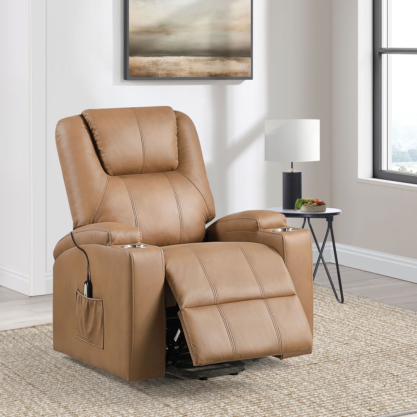 Macklin Power Lift Massage Recliner tan leather with dual cupholders on Tampa Home & Garden Store