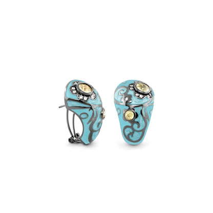 Daisy Swirl Clip Earrings pair by Lauren G Adams, turquoise enamel with silver filigree and crystals on Tampa Home & Garden Store