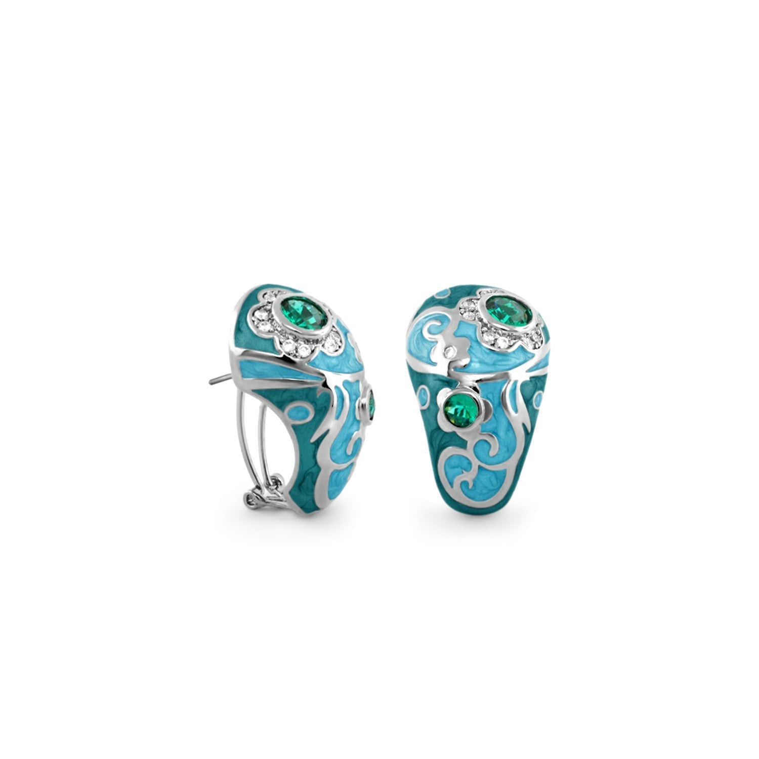 Lauren G Adams Daisy Swirl Clip Earrings in turquoise enamel with emerald-green stones on Tampa Home & Garden Store