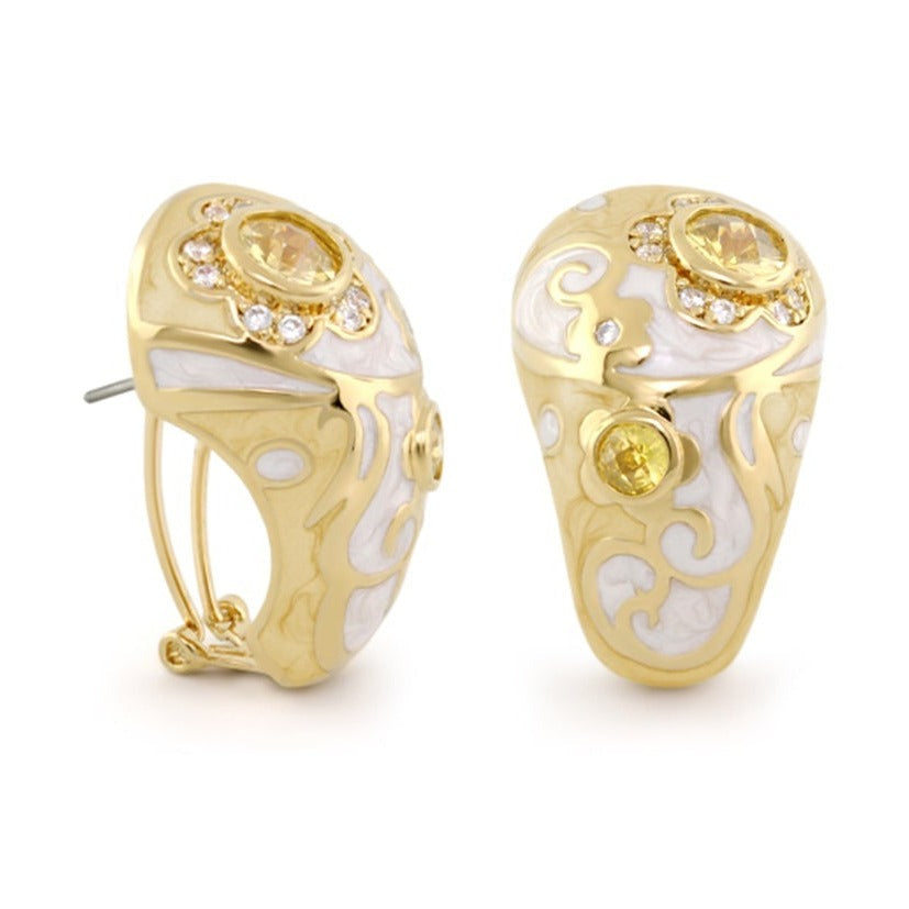 Daisy Swirl Clip Earrings pair in gold-tone with white enamel swirls and yellow crystal accents by Lauren G Adams on Tampa Home & Garden Store