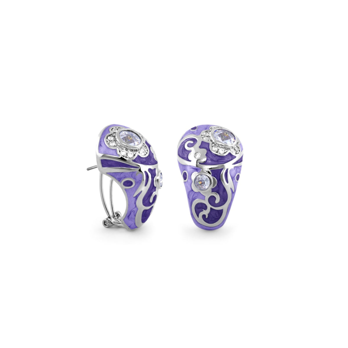 Daisy Swirl Earrings Hand-Poured Clip in purple enamel with silver scrollwork and crystals on Tampa Home & Garden Store