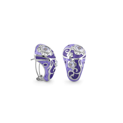 Daisy Swirl Earrings Hand-Poured Clip in purple enamel with silver scrollwork and crystals on Tampa Home & Garden Store