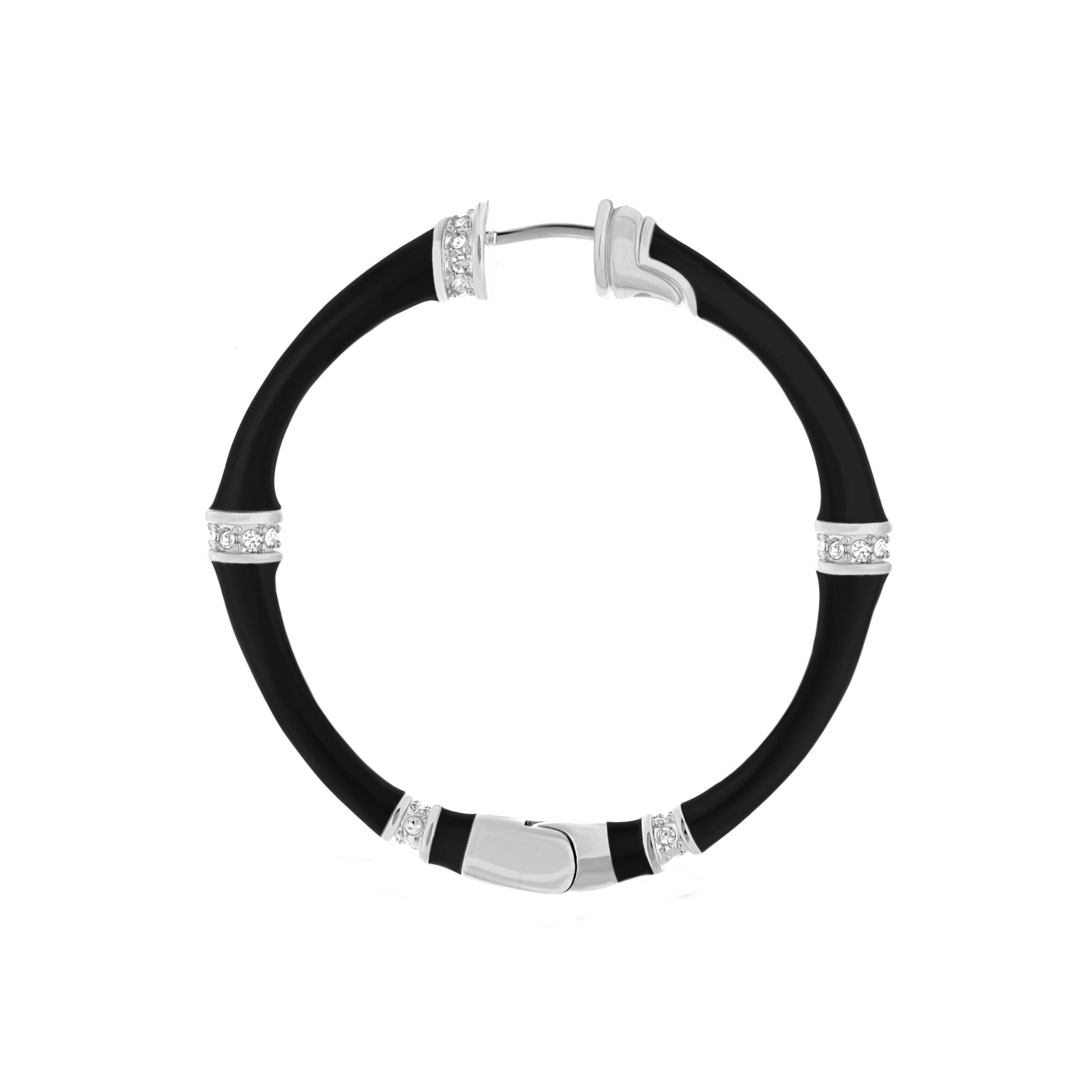Bamboo Hoop Earrings by Lauren G Adams with black silicone hoops and silver crystal accents on Tampa Home & Garden Store