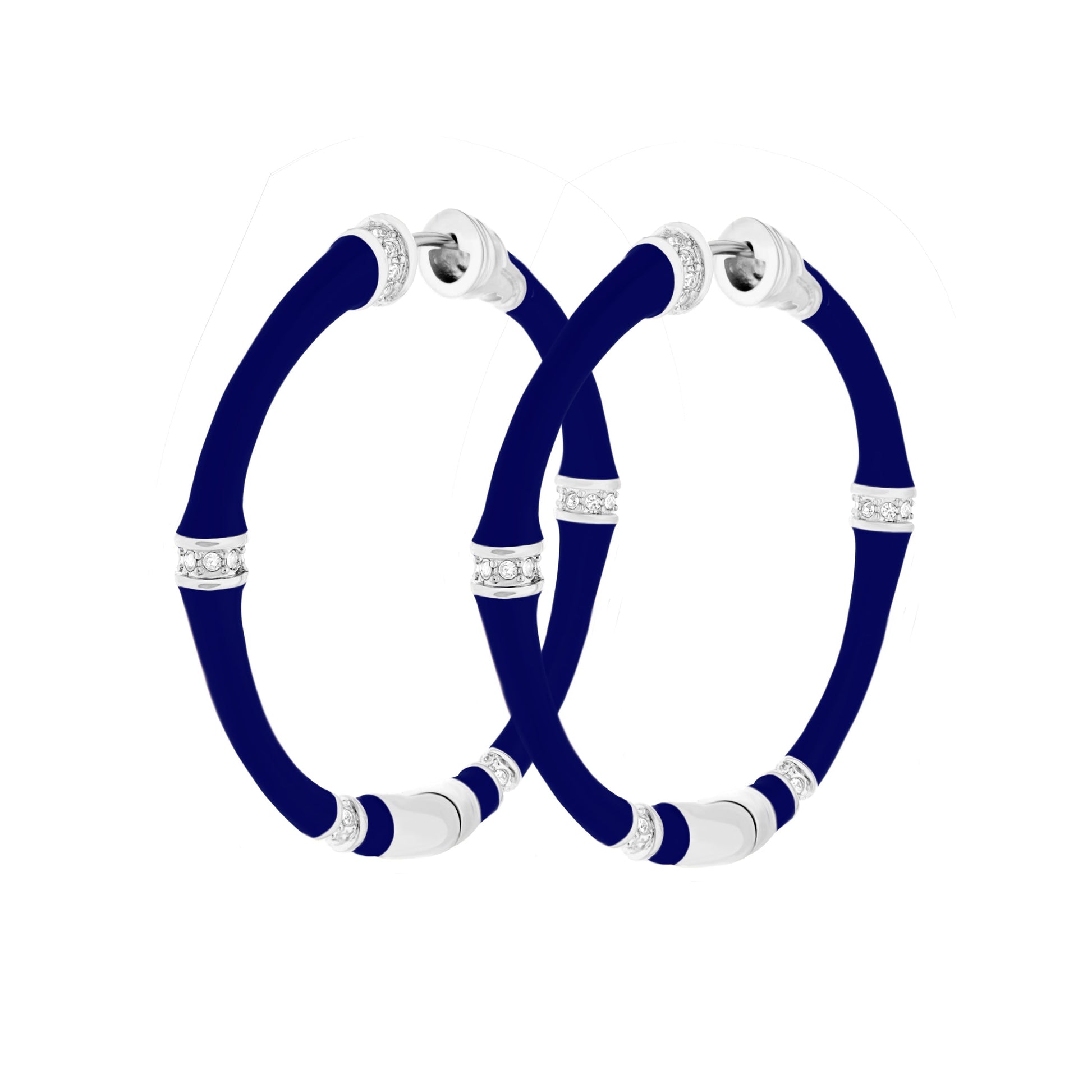 Blue bamboo hoop earrings by Lauren G Adams with crystal end caps on Tampa Home & Garden Store