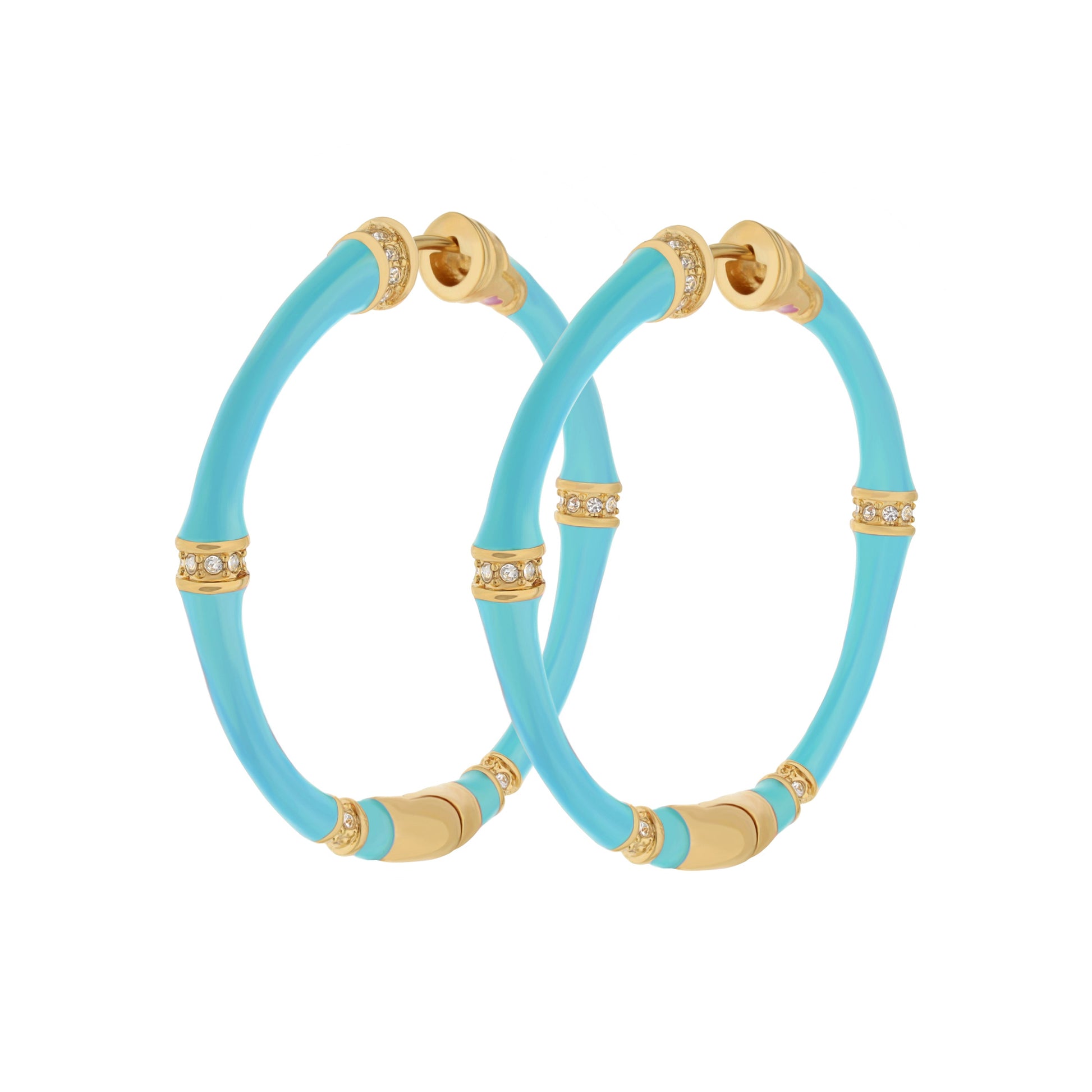 Bamboo Hoop Earrings turquoise blue with gold-tone bands and crystal pavé, set of 3 on Tampa Home & Garden Store