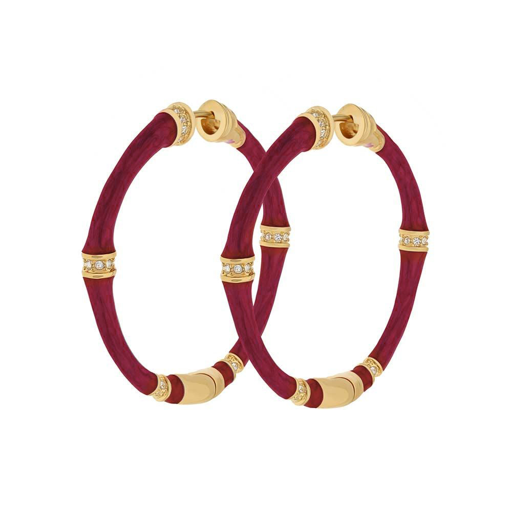 Bamboo Hoop Earrings by Lauren G Adams; red bamboo hoops with gold-tone bands and crystal accents, pair on Tampa Home & Garden Store