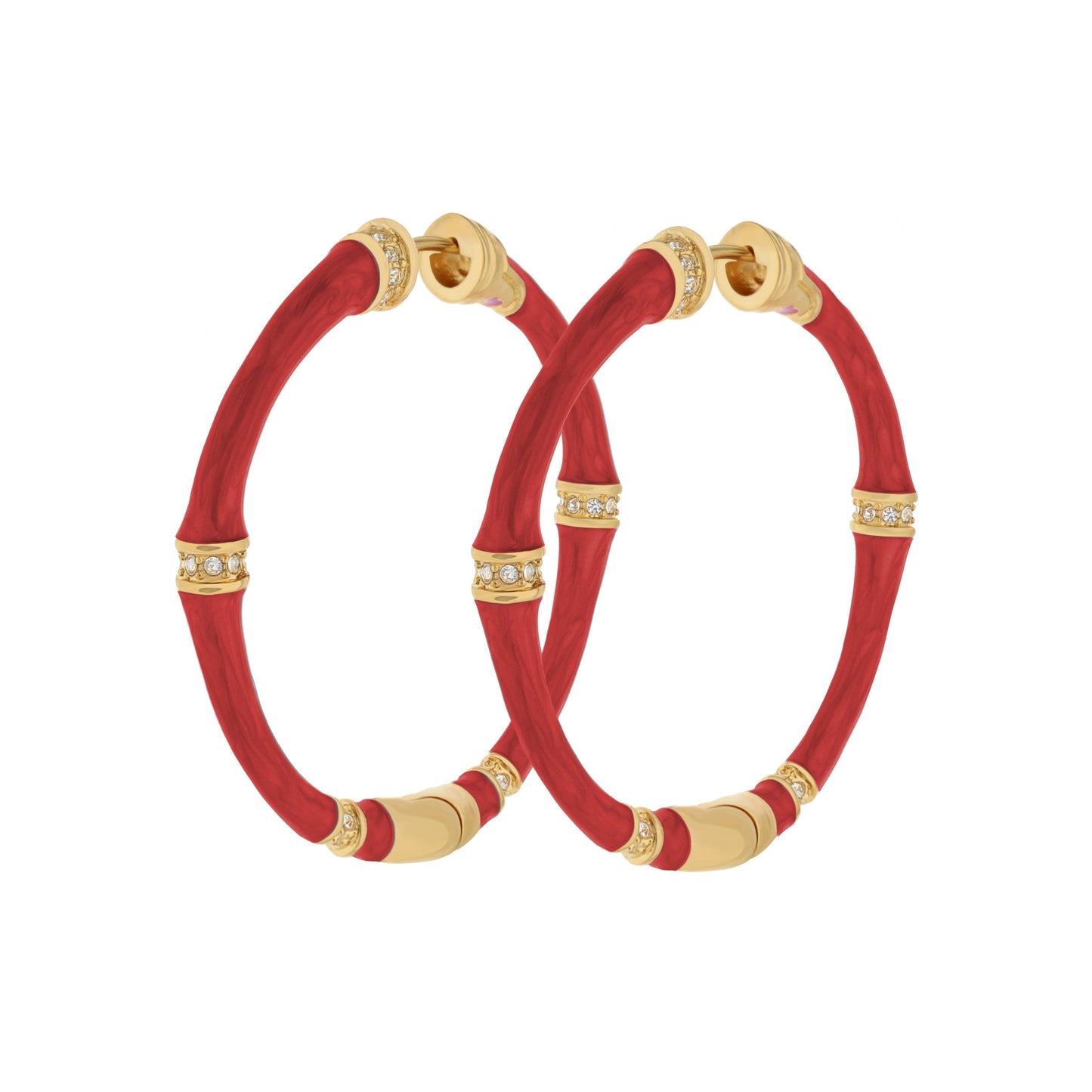 Bamboo Hoop Earrings by Lauren G Adams with red resin tubes and crystal gold caps on Tampa Home & Garden Store