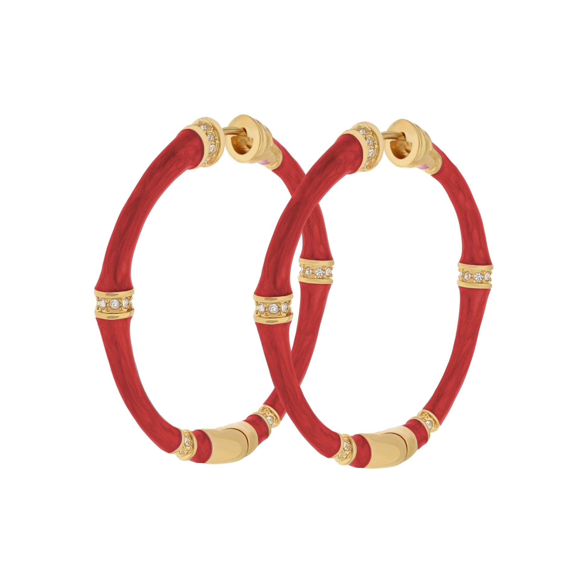 Bamboo Hoop Earrings by Lauren G Adams with red resin tubes and crystal gold caps on Tampa Home & Garden Store