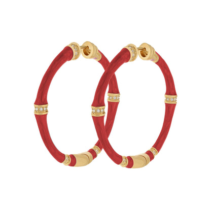 Bamboo Hoop Earrings by Lauren G Adams with red resin tubes and crystal gold caps on Tampa Home & Garden Store