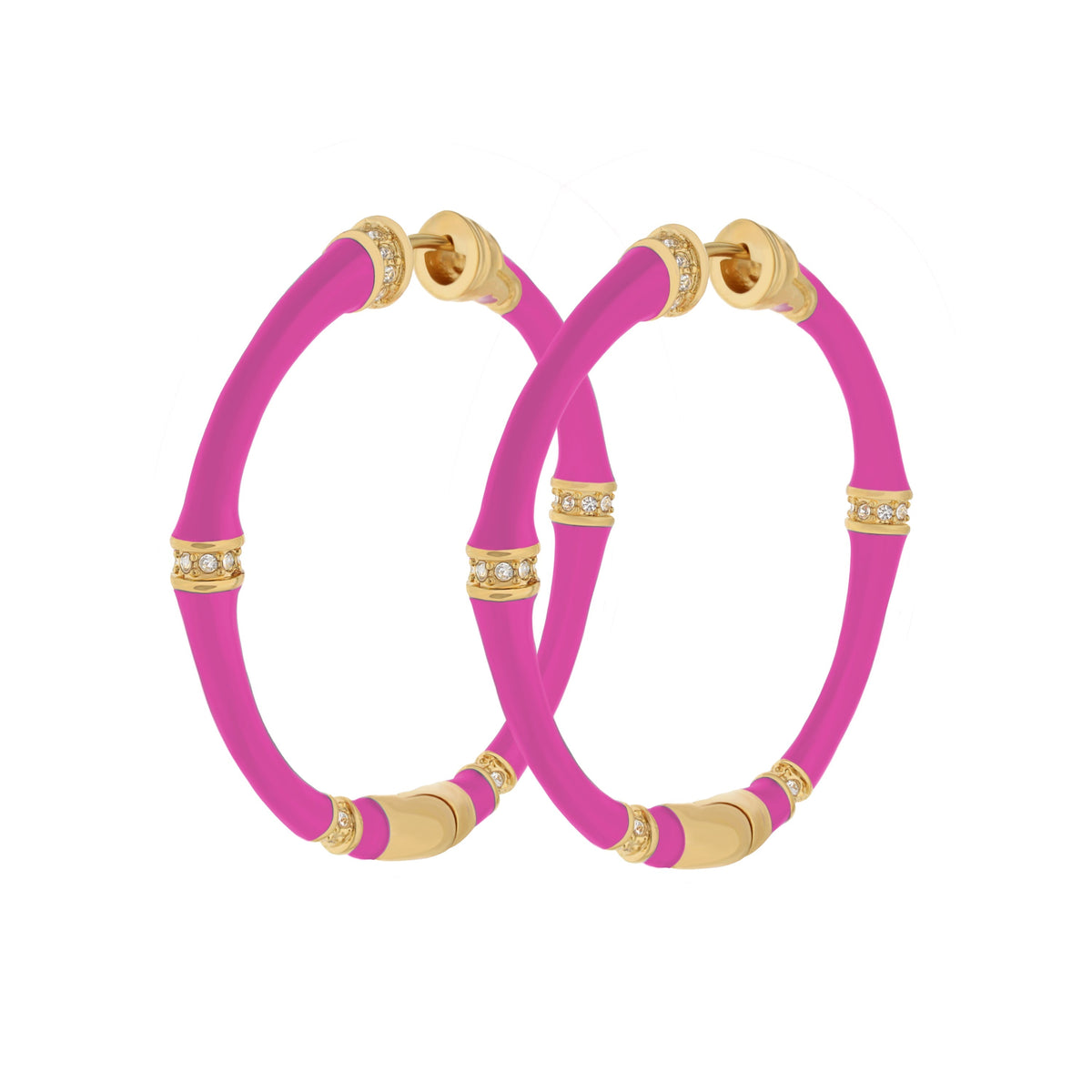 Bamboo Hoop Earrings pink with gold-tone caps and crystal accents on Tampa Home & Garden Store