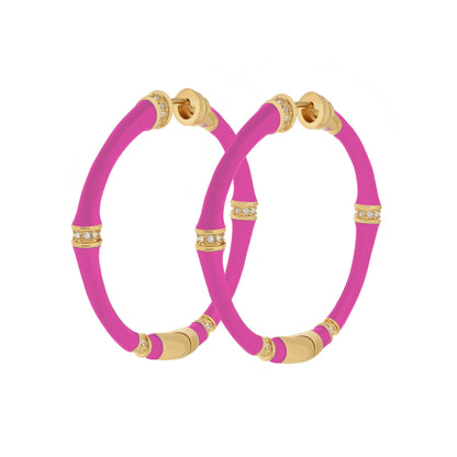 Bamboo Hoop Earrings pink with gold-tone caps and crystal accents on Tampa Home & Garden Store