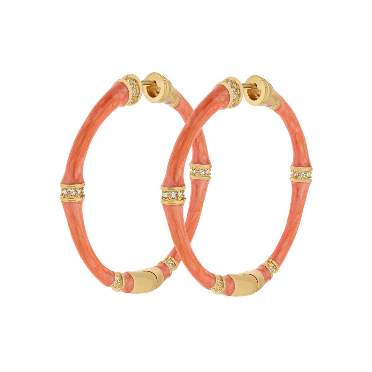 Bamboo Hoop Earrings, Lauren G Adams, coral pink bamboo with gold-tone caps and crystal accents on Tampa Home & Garden Store